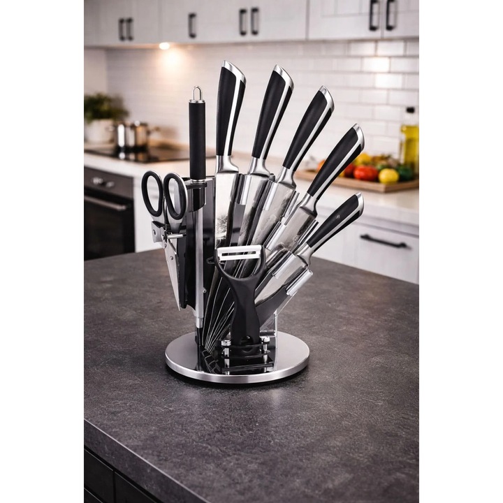 Set Cutite Bucatarie 9 Piese cu Suport Rotativ – Otel Inoxidabil 18/10, Accesorii Incluse