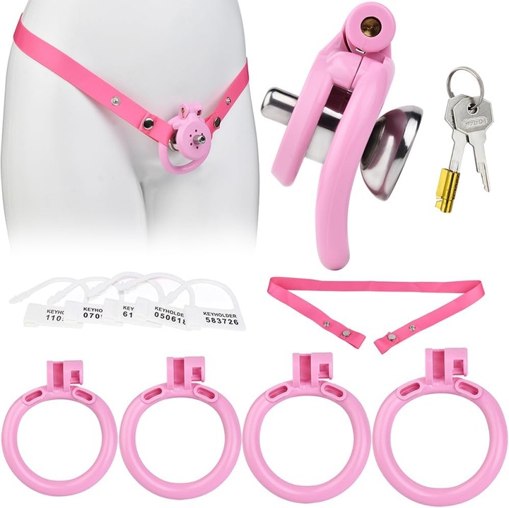 Cusca de castitate masculina, HANITUOR, Centura de castitate, dispozitiv de blocare cu 4 marimi, din rasina, produse de bondage si disciplina jucarie sexuala BDSM pentru barbati, cu cheie si incuietoare, material ABS, Roz
