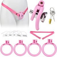 Cusca de castitate masculina, HANITUOR, Centura de castitate, dispozitiv de blocare cu 4 marimi, din rasina, produse de bondage si disciplina jucarie sexuala BDSM pentru barbati, cu cheie si incuietoare, material ABS, Roz
