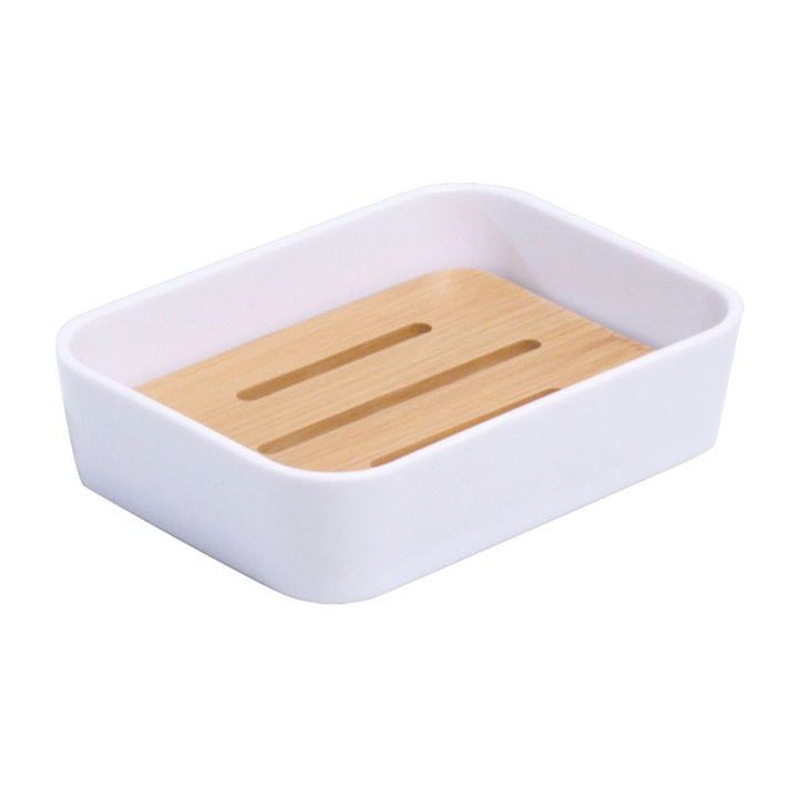 Сапунерка, поставка за твърд сапун, пластмаса, с бамбукова решетка за отцеждане, Frandis, бял/бежов, 196257