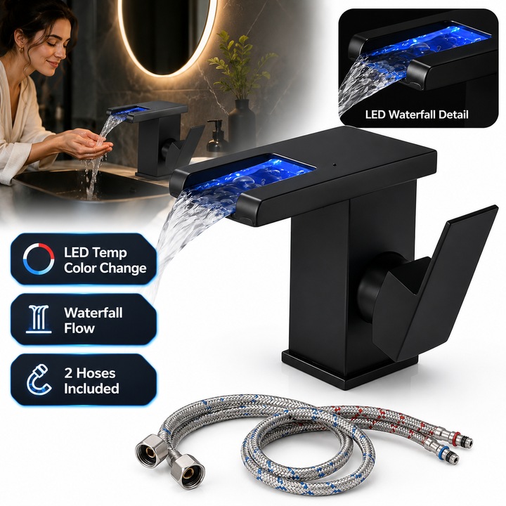 Baterie lavoar EXCITAT® cu LED care isi schimba culoarea in functie de temperatura apei, tip cascada, negru mat, montaj un singur orificiu, maneta laterala, 2 furtunuri incluse