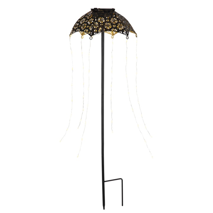 Lumina solara metal negru mat, metal cupru colorat, plastic transparent, buton, IP44, umbrela pe varf de sol, ø: 205mm, H: 650mm, incl. 60x LED 0.024W 3V, 3000K
