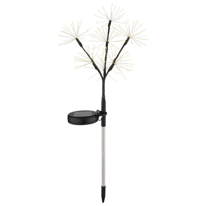 Napelemes lámpa, rozsdamentes acél, matt fekete műanyag, átlátszó, csúszókapcsoló, IP44, Ø: 250mm, Ma: 600mm, 140x LED 0.06W 3V, 3500K
