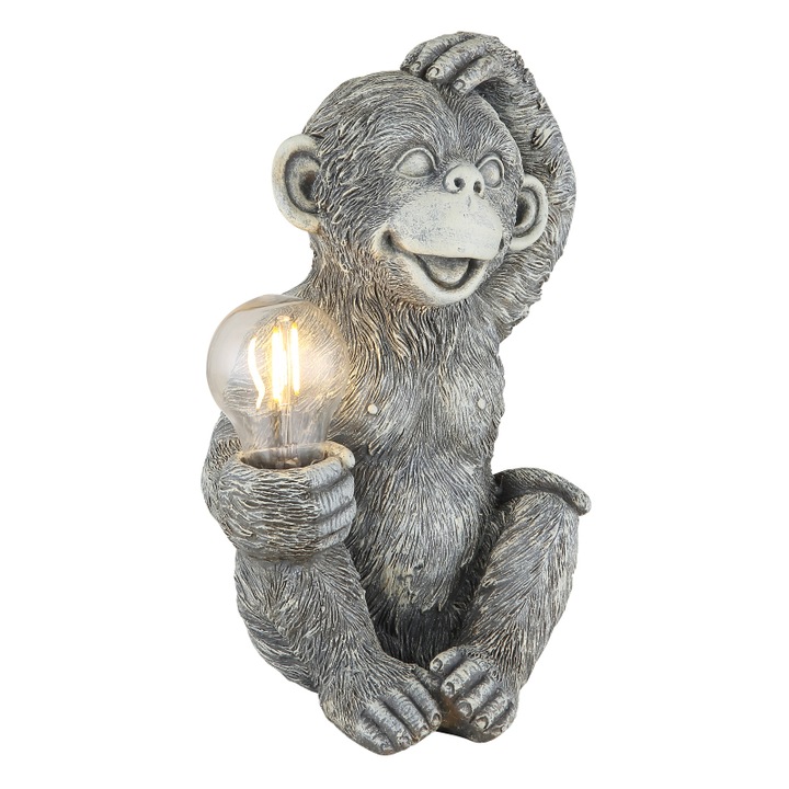 Napelemes lámpa, szürke matt műanyag, átlátszó műanyag, nyomáskapcsoló, IP44, majom, HxSzxM: 200x155x275mm, LED 0.024W 3V, 3000K-val
