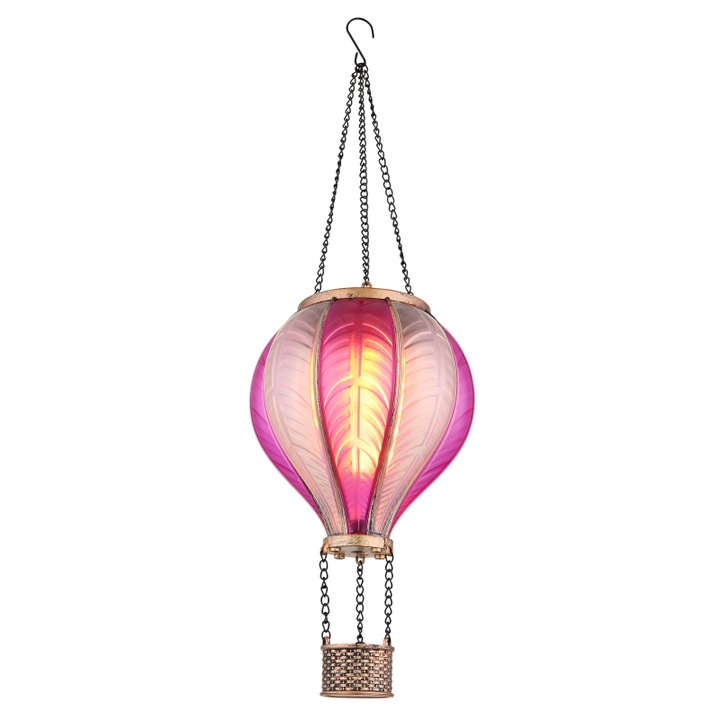 Lumina solara metal negru, patina aurie, plastic roz, satinat, buton, efect de foc, IP44, balon cu aer cald, ø: 140mm, H: 465mm, incl. 20x LED 0.5W 3V, 1600K