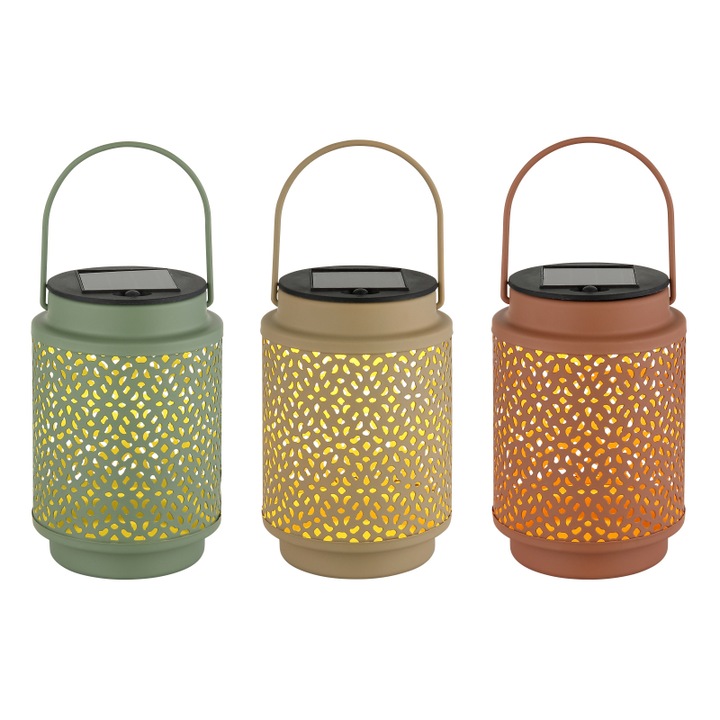 Соларна лампа метал, пластмаса, превключвател за натискане, IP44, 12 дисплея, дисплей с фенери за окачване или стоене, цветове: 6x пясък, 3x бледо зелено, 3x роза, ø: 80мм, В: 100мм, смесен дисплей, LED 0.06W 1.2V, 3000K