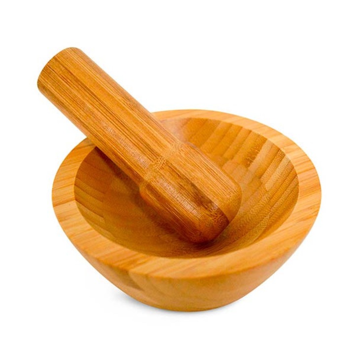 Mojar cu pistil din bambus masiv, mortar pentru zdrobire condimente, ierburi aromatice, usturoi si seminte, 13x5 cm, 010401