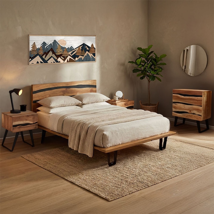 Set mobila dormitor cu 4 piese Imena, natur, 215x180x96 cm