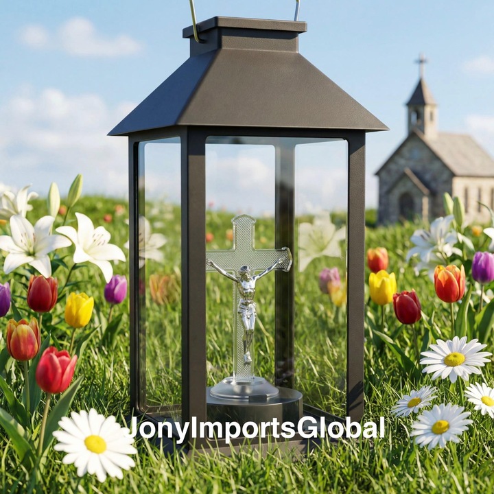 Felinar Ideal Premium cu incarcare solara Negru Cruce cu LED 14x14x28cm
