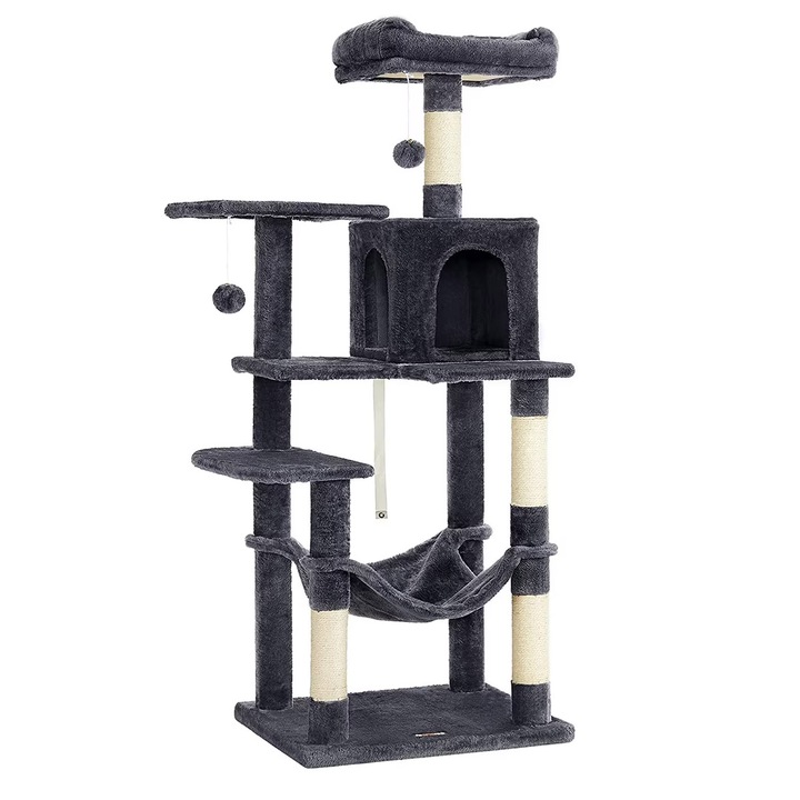 Котешки център за игра, тип дърво, с легло, хамак и скривалище, 55x45x143 см, тъмносив