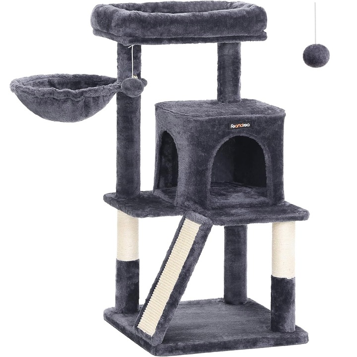 Котешки център за игра, тип дърво, с 2 легла и скривалище, 48x48x96см, тъмносив