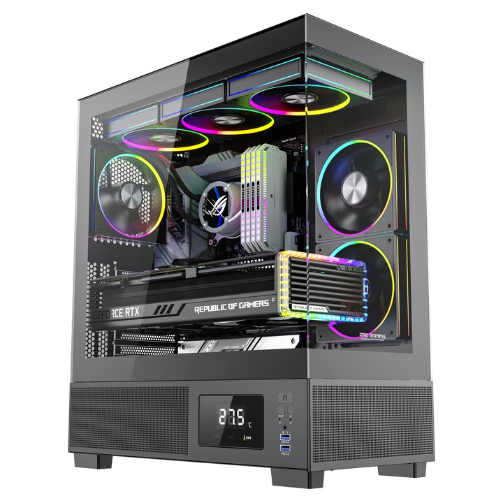 Calculator Gaming Kian Black Ice i5-12400F pana la 4.4GHz, 32GB, 1TB SSD, RTX3050 6GB GDDR6 cu racire pe lichid IcePulse 360 cu display digital, 6 ventilatoare ARGB incluse, Wi-Fi 6 si Windows 11 instalat