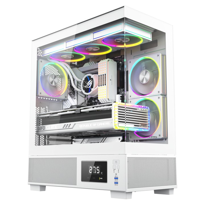 Calculator Gaming Kian White Glacier i5-14600KF pana la 5.3GHz, 32GB, 1TB SSD, RTX5060 8GB GDDR7 cu racire pe lichid GlacierView 360 cu display 4", 6 ventilatoare ARGB incluse, Wi-Fi 6 si Windows 11 instalat