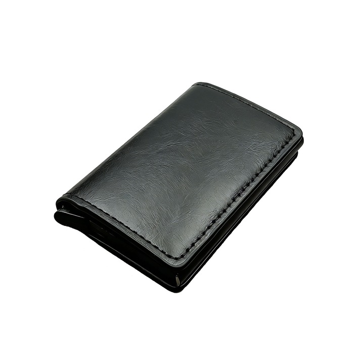 Portofel pliabil din piele, asskanaer, Portofel vintage pentru barbati, Cu portcard slim din aluminiu, Buzunar carte de identitate, Protectie RFID, Impermeabil si rezistent la murdarie, Pentru depozitarea carduri, bancnota, PU, 10.3*7*2 cm, Negru
