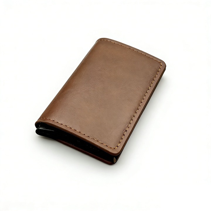 Portofel pliabil din piele, asskanaer, Portofel vintage pentru barbati, Cu portcard slim din aluminiu, Buzunar carte de identitate, Protectie RFID, Impermeabil si rezistent la murdarie, Pentru depozitarea carduri, bancnota, PU, 10.3*7*2 cm, Maro
