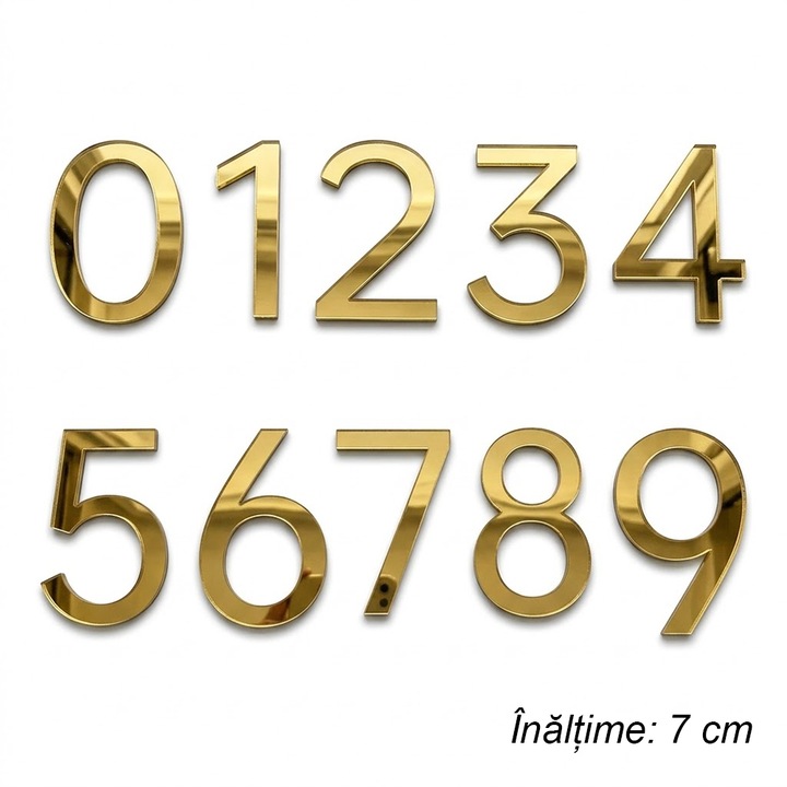 Numere autoadezive pentru usa 0-9, Acril 3D, Efect Oglinda, Inaltime 7 cm, Auriu