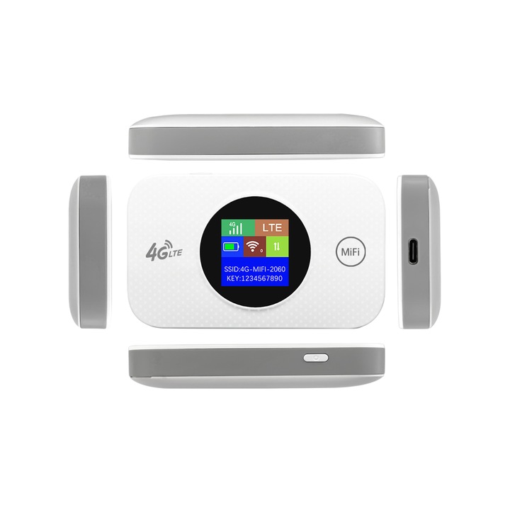 Router wireless, Wi-Fi portabil, 4G-LTE, 2, 4 GHz, 802.11 b/g/n, Micro SIM, ecran color, 3000 mAh, transmisie de mare viteza, semnal stabil, alb