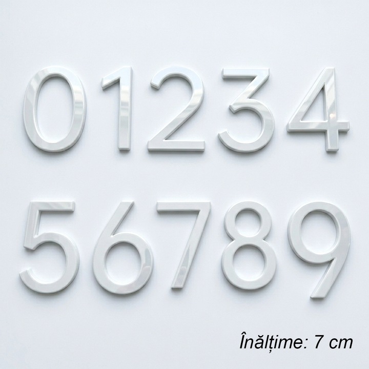 Numere autoadezive pentru usa 0-9, Acril 3D, Efect Oglinda, Inaltime 7 cm, Alb