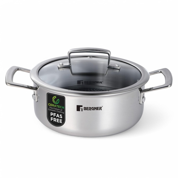BERGNER STEELBLUE, Oala hibrida cu trei straturi, fara PFAS, 20 cm, cu capac de sticla, Acoperire ceramica CERATECH, Otel inoxidabil, 3 straturi, potrivit pentru inductie, Rezistent la zgarieturi, structura fagure albastra si maner rece
