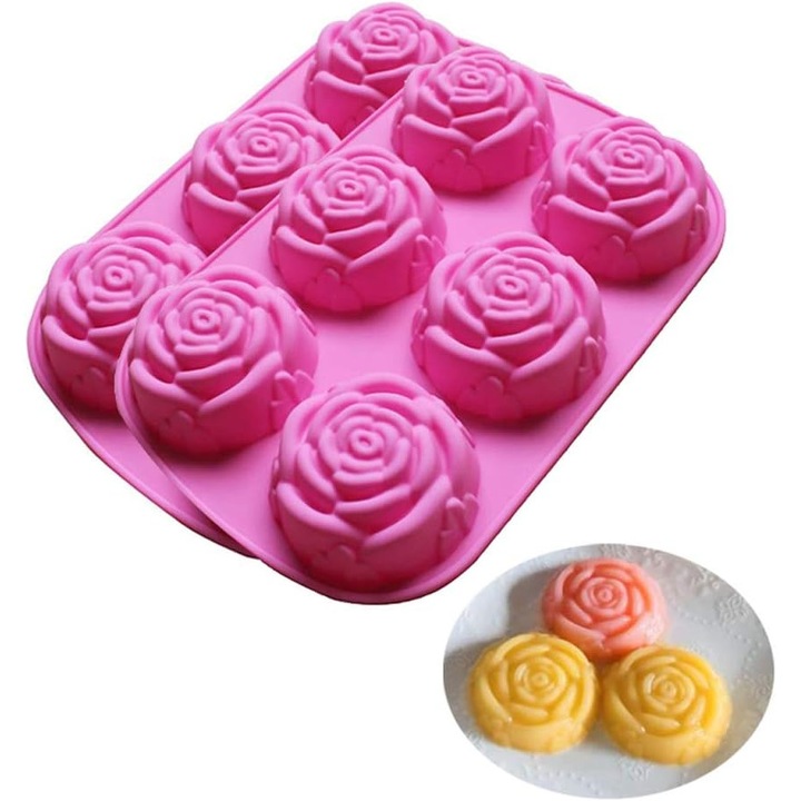 Matrita din silicon kengege pentru sapun manual, prajituri, jeleu, budinca, ciocolata, 6 cavitati, design floare de trandafir, Set de 2 Roz