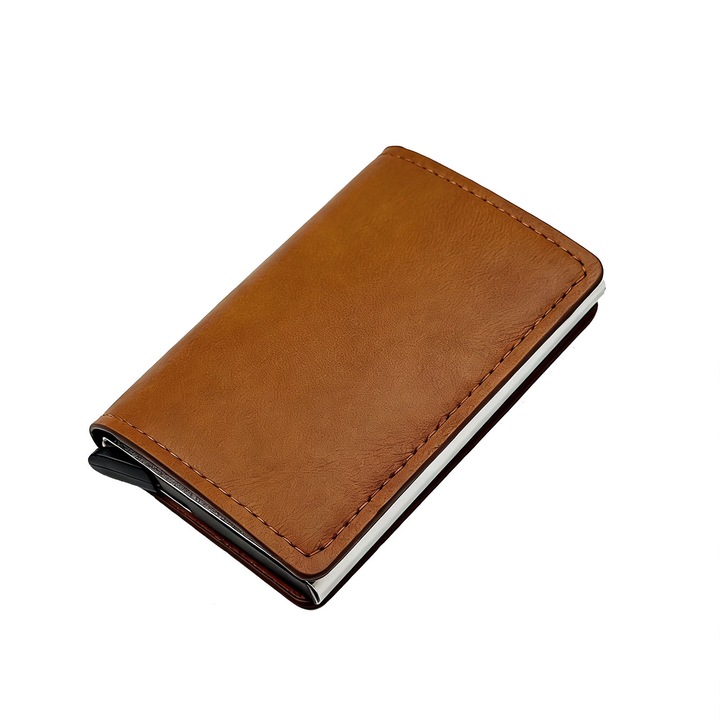 Portofel pliabil din piele, asskanaer, Portofel vintage pentru barbati, Cu portcard slim din aluminiu, Buzunar carte de identitate, Protectie RFID, Impermeabil si rezistent la murdarie, Pentru depozitarea carduri, bancnota, PU, 10.3*7*2 cm, Maro deschis