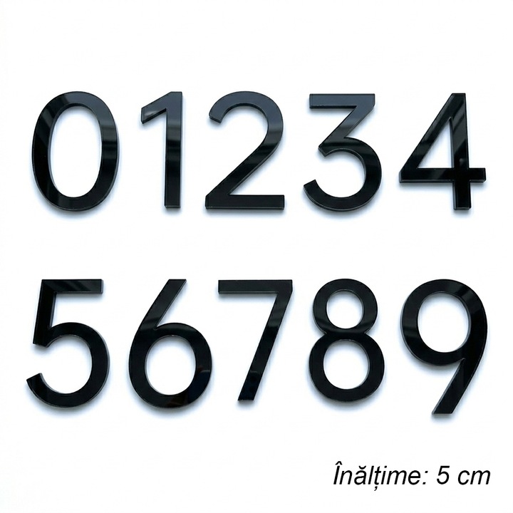 Numere autoadezive pentru usa 0-9, Acril 3D, Efect Oglinda, Inaltime 5 cm, negru