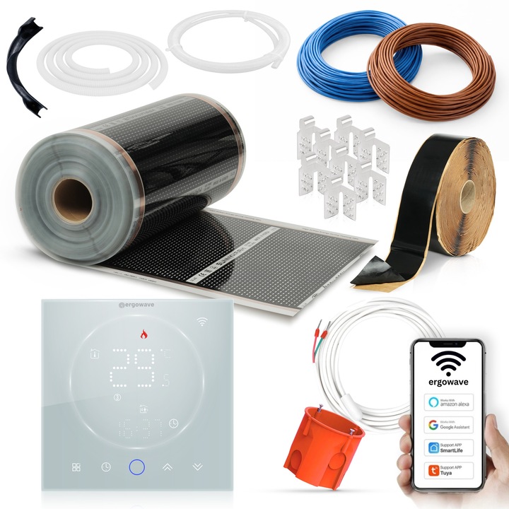 Set folie de incalzire infrarosu cu termostat WiFi, Ergowave, 140 W/m, latime 50 cm, suprafata 1, 5 m