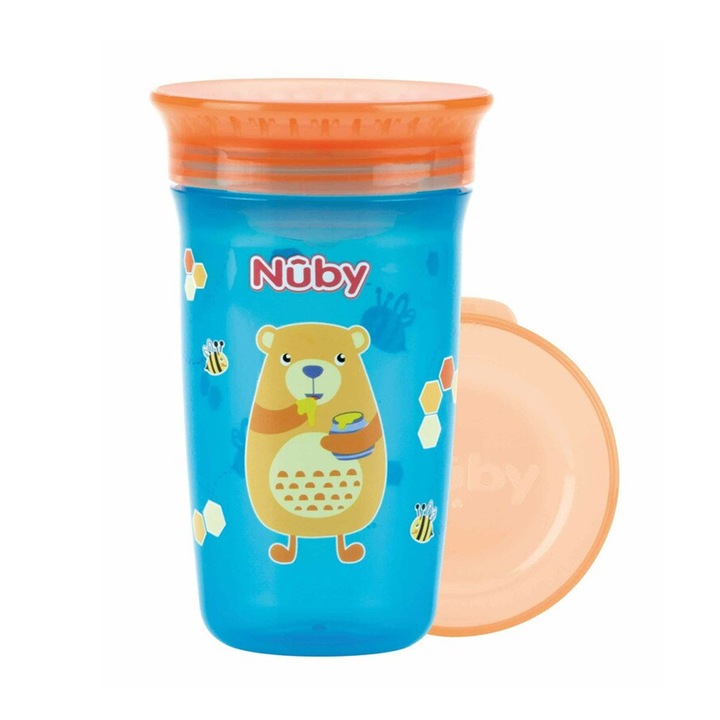 Бебешка чаша Nuby 360° Wonder Cup 229466268 8865-44, С капак, Против разливане, 300 ml, 6+ месеца, Син/Оранжев, Eко Пак