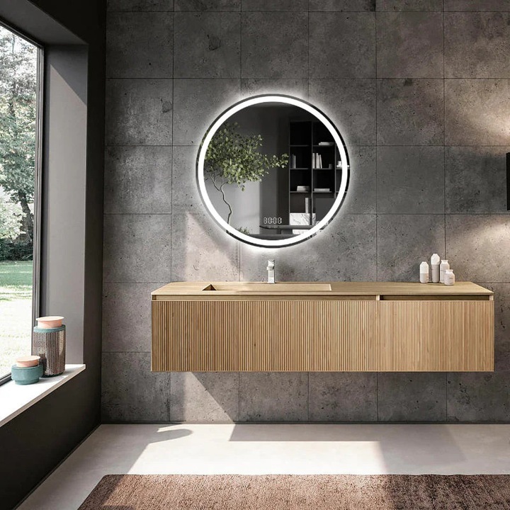 LED огледало 60×60 см кръгло, първокласен сензор за движение за 3 вида светлина, димируемо, часовник и температура, обеззамъгляване