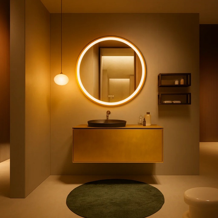 LED огледало 60×60 см със златна рамка, първокласен сензор за движение – 3 вида светлина, димируема, часовник и температура, обеззамъгляване