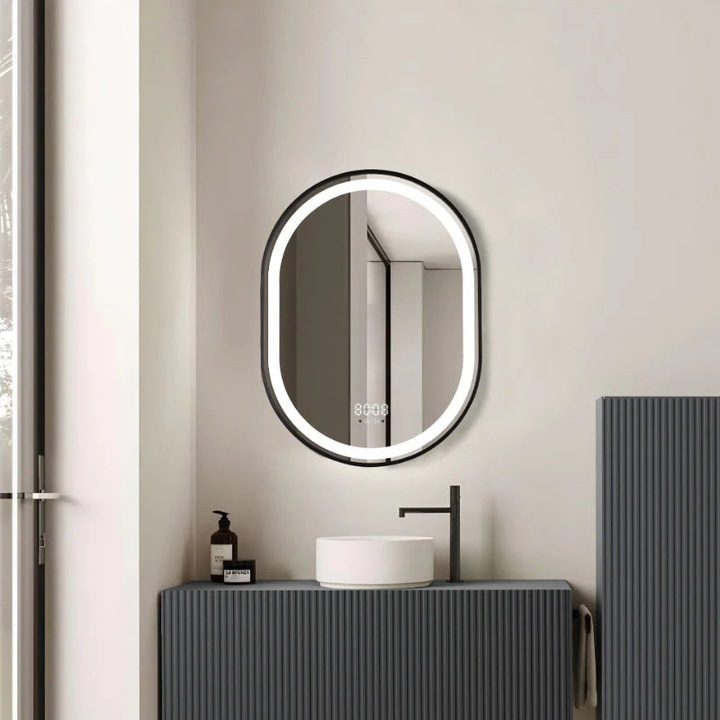 LED огледало 50×80 см с черна овална рамка, първокласен сензор за движение – 3 вида светлина, димируема, часовник и температура, обеззамъгляване