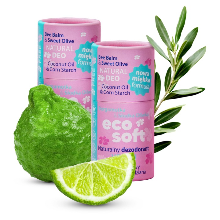 Дезодорант-стик Eco Soft Flower Bloom, комплект от 2, сладки маслини с нотка бергамот, масло от ший, кокосово масло, ефективна защита, 2 x 50 г