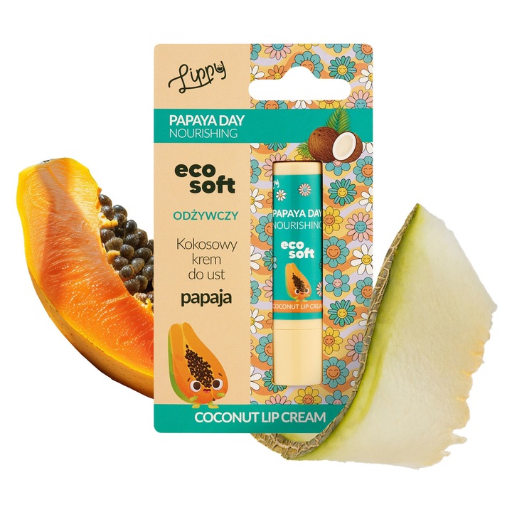Балсам за устни Lippy Day Eco Soft, защитно червило, кокос, пъпеш и папая, хидратиращ, подхранващ, защитен, вкус на екзотични плодове, 4, 8 г