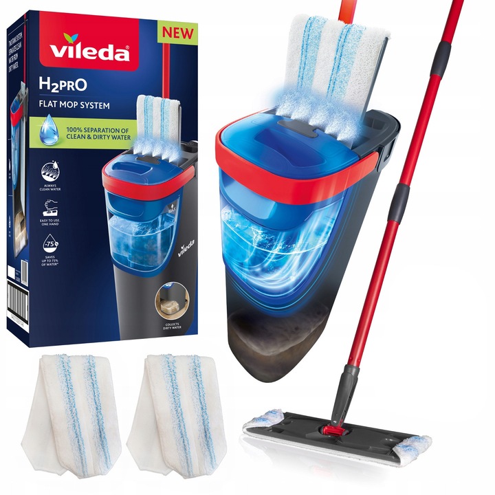 Mop plat Vileda H2prO, set 4 bucăți, două rezervoare, cap rotativ 360, microfibră