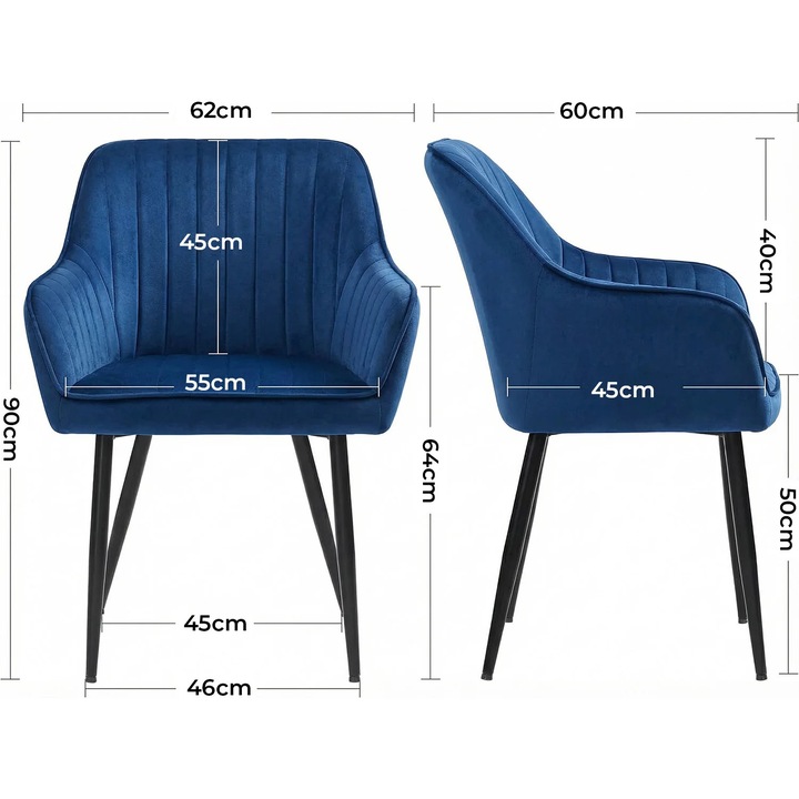 Elindor® Ergonomikus Szék, Kortárs Design, Háttámlás és Karfás Szék, Fekete Fém Lábakkal, Bársony, Nappaliba, Konyhába, Irodába, Hálószobába, 90x60x45 cm, Kék