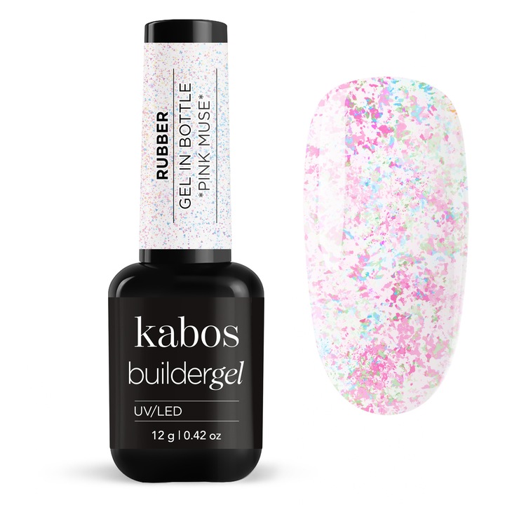 Изграждащ Rubber Гел в Бутилка Kabos Pink Muse, Розов с Глитер, 12g, Саморазливен, Без Пилене, Удължаване 5mm, UV/LED