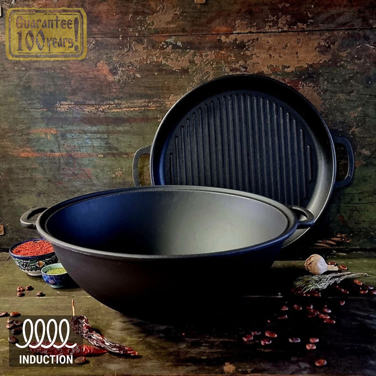 Cazan uzbec, fontă, WOK, grătar, 12l 40*17.4 cm + capac-tigaie din