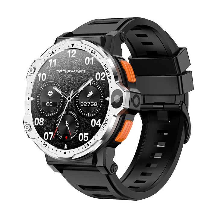 Ceas smartwatch GBV LOGIC PG999, SIM, sistem de operare android, camera foto, display 1, 54 inch(39 mm), baterie 800 mAh, monitorizare ritm cardiac, moduri sport, camera 2MP+8MP, tensiometru, memorie 16gb, gps