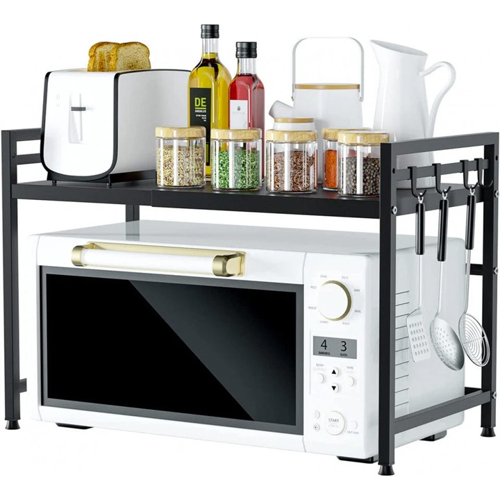 Kihúzható konyhai polc mikrohullámú sütőhöz 1TECH KS-6, Teleszkópos rendszerező, Két szint, Fekete