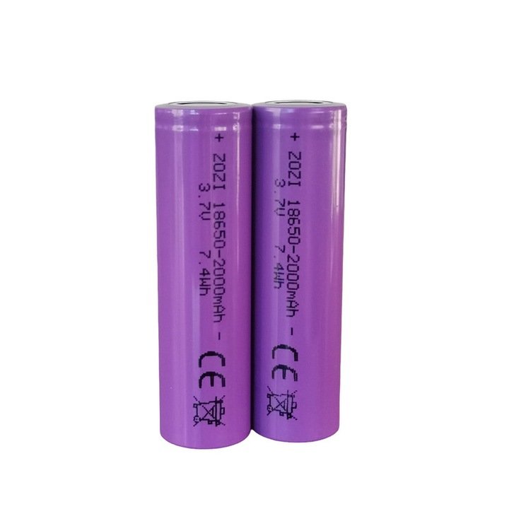 Baterie reincarcabila Li-ion Purple 18650 3.7V 2000mAh cu pol plat, 2 bucati per pachet pentru lanterne, difuzoare, ventilatoare, aparate de ras etc