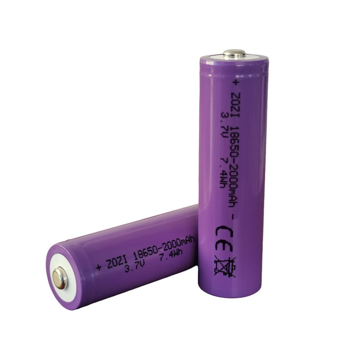 Baterie Li-ion reincarcabila violet 18650 3.7V 2000mAh cu varf ascutit, 2 bucati pe pachet, pentru lanterne, difuzoare, ventilatoare, aparate de ras etc
