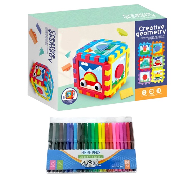 Многоцветен образователен куб с геометрични фигури, комплект от 24 флумастера, 14 см, 3 години +