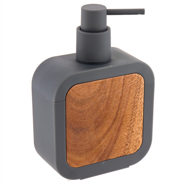 Dozator Sapun Lichid, TENDANCE, Tempesti, Design Patrat Modern Cu Insertie Din Lemn De Salcam, Material ABS Si Cauciuc Rezistent, Pompa Ergonomica, Stil Japandi Si Zen, Baie Sau Bucatarie, Capacitate 350 ml, 10 cm, Gri