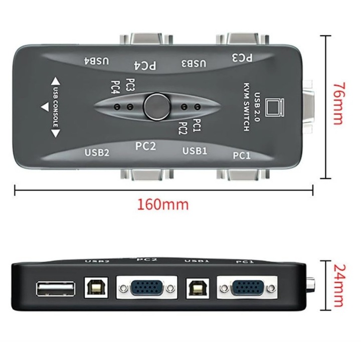 KVM VGA DUOBAGMA 4x1 kapcsoló, monitor, billentyűzet és egér megosztása, 1920x1080P felbontás, USB hub