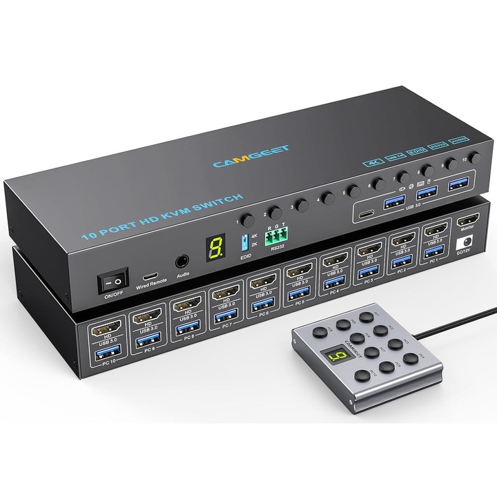 KVM HDMI kapcsoló 10 portos 4K@60Hz, 1 monitor, 4 USB 3.0, camgeet