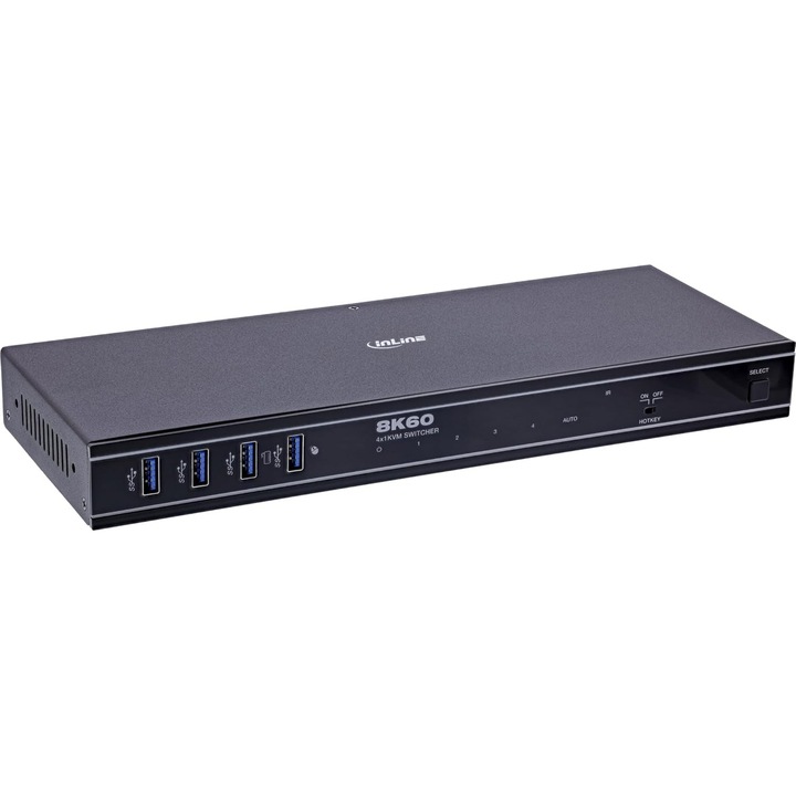 KVM HDMI 2.1 kapcsoló, InLine, 4-utas, 8K@60Hz, USB 3.2, 4 PC-hez