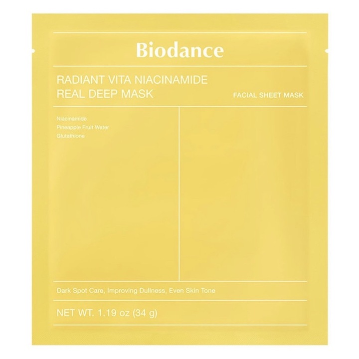 Masca facială Biodance Radiant Vita, Niacinamide și Glutation, 34 g, iluminare, uniformizare