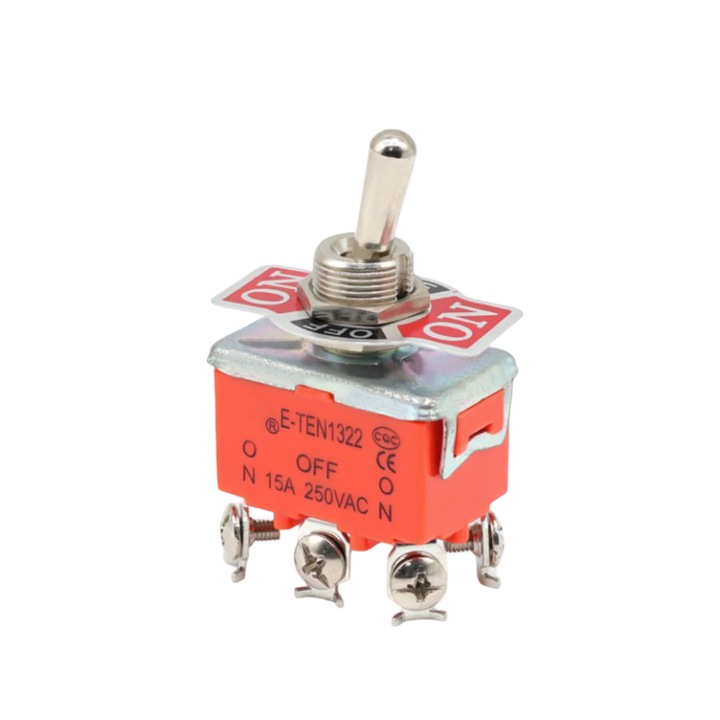 Billenő kapcsoló tartós, 3 állású, 6 csavaros érintkező, BE-KI-BE, 15A 250V, DPDT, FL5-1322S