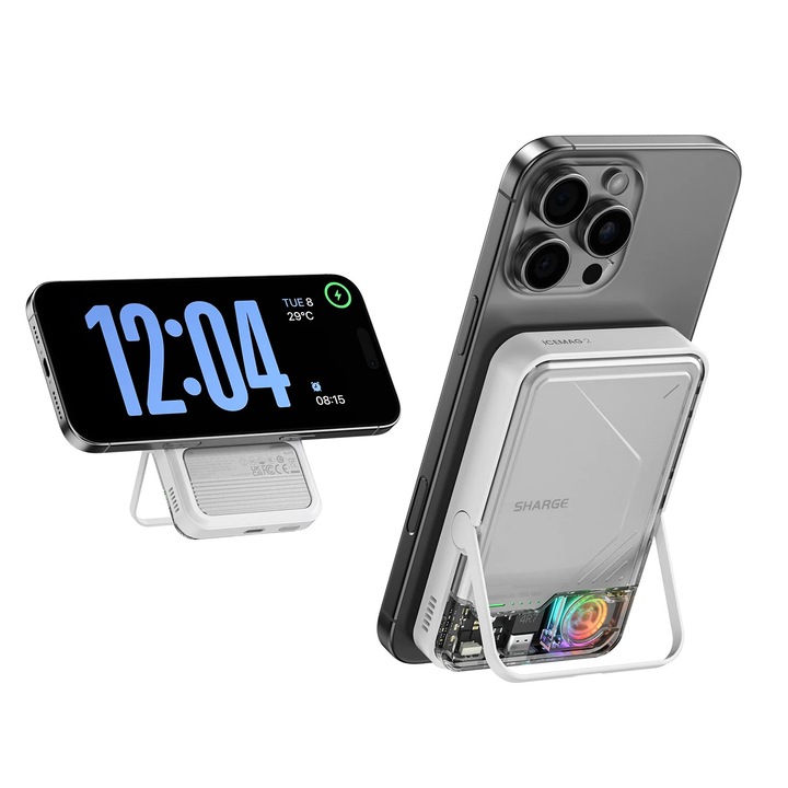 Power Bank Magnetic Sharge ICEMAG 2 M2 10 000 mAh – Incarcare Wireless Qi2 20 W, USB‑C Rapid Charge, Compact si Usor, Design Elegant Alb, Ideal pentru iPhone si Android