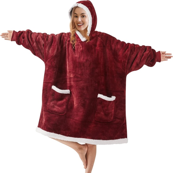 Patura tip hanorac supradimensionat Deconovo, unisex, fleece, cu doua buzunare, culoare rosu inchis